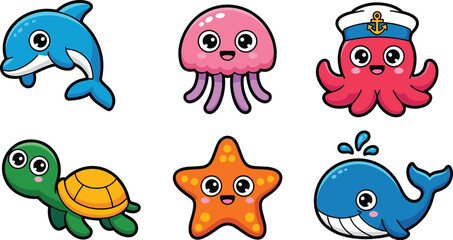 Cute sea animals vector icon set with cartoon dolphin jellyfish sailor octopus turtle starfish and whale isolated on white background © Yesrath Hasan Sobuj