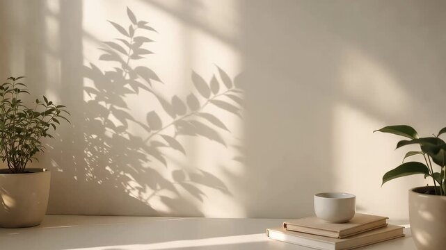 Sunlit minimalist interior with potted plants casting delicate leaf shadows across a cream wall, a ceramic cup resting on stacked books on light tabletop evoking calm morning mood