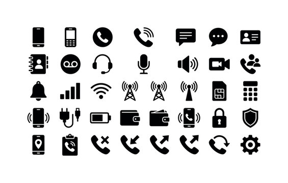 Mobile Communication Tools. Solid glyph icon set of mobile communication tools: smartphone, mobile handset, call button, ringing phone, message bubble, chat bubble, contact card, address book,