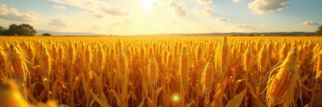 Golden ears of corn harvested in a vast field, sunlight illuminating the rows Ready for transport and processing A bountiful autumn harvest , land, farming equipment
