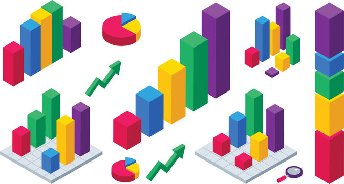 Isometric Business Analytics Vector Collection with Colorful Bar Charts, Growth Graphs, Pie Charts, and Data Visualization Illustrations for Finance Designs