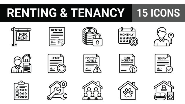 Renting and tenancy line icons set, 15 real estate rental vector symbols, property lease and tenant agreement signs