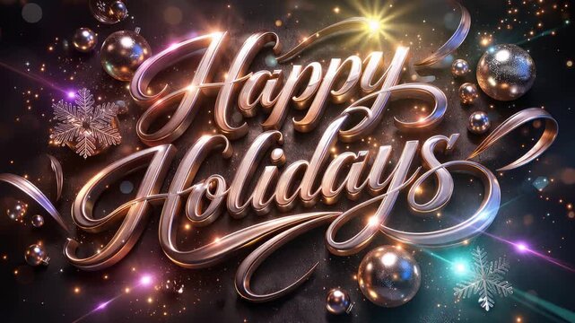 Opulent metallic Happy Holidays lettering surrounded by sparkling ornaments, snowflakes, ribbons, glowing bokeh and starry light effects in warm festive tones