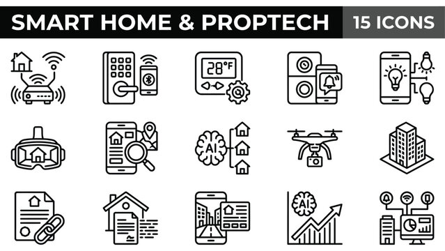 Smart home and proptech icons, 15 line vector set for real estate technology, automated house and property management