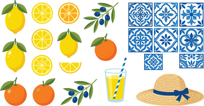 Mediterranean Amalfi Coast Style Vector Clipart Set Featuring Fresh Lemons Oranges Olive Branches Blue Italian Azulejo Majolica Tiles and a Straw Sun Hat