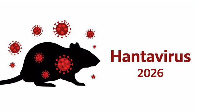 Hantavirus 2026 concept with a rat silhouette and red virus cells on white backdrops