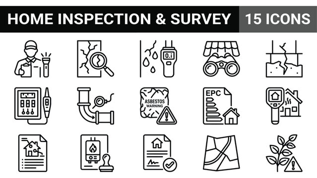 Home inspection and survey icons set, 15 property maintenance vector symbols, residential building assessment signs