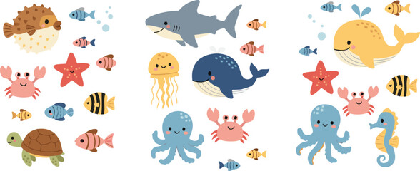 Cute underwater sea animal cartoon vector illustration set featuring whale shark octopus turtle crab and colorful marine life collection © Yevhenii creative