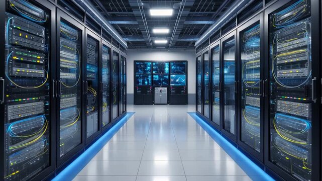 View of a modern data center corridor lined with illuminated server racks on both sides, blue LED lighting and cabling leading to monitoring screens at the far end