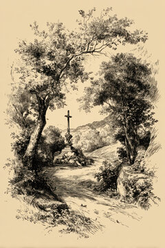 Vintage Cross in Rural Landscape &ndash; Generative AI