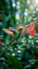 Fototapeta premium Vibrant hummingbird feeding on pink flowers in lush garden