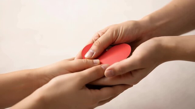 Close-up of multiple hands gently exchanging a red paper heart between two people, symbolizing love, care, compassion, sharing, support, and emotional connection in a soft setting