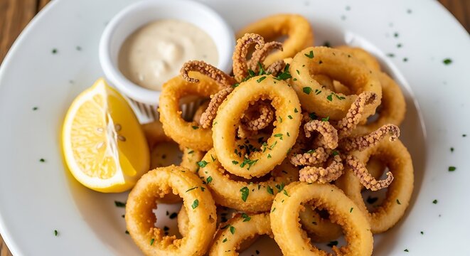 Crispy Fried Calamari Rings Served with Lemon and Dipping Sauce on White Plate