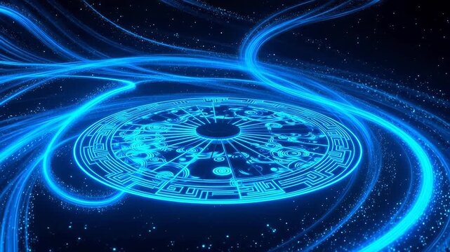 宇宙空間に浮かぶ青く輝く星座の円が,鮮やかな色彩と現代的なデザインを際立たせている。