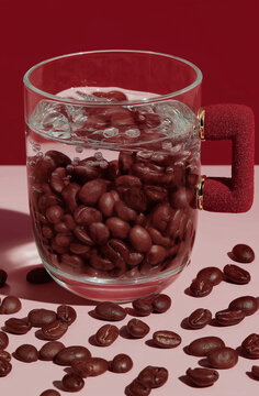Glass mug filled with coffee beans and sparkling water against a red background. Macro beverage still life for cafe branding and product design.