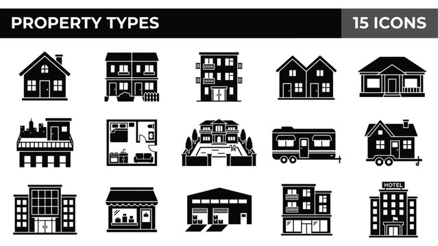 Property Types Icon Set: Diverse Buildings for Real Estate and Housing Concepts