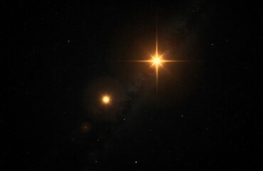 Fototapeta premium Two bright golden stars shine in the vast dark night sky with many small distant stars. Cosmic background with nebulae glow creates a magical stellar scene.
