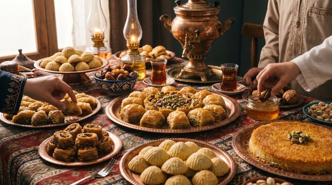 People are preparing and serving various traditional foods on a table with a samovar.
