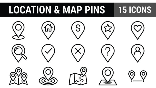 Location and map pins, set of 15 icons in vector format, navigation pointer symbols for GPS and travel interface design