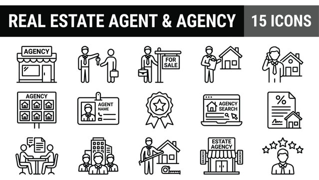 Real estate agent and agency icon set, 15 linear property broker vectors, professional housing service line graphics