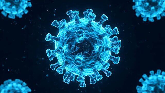 Blue coronavirus cell floating in a dark microscopic environment with blurred virus.