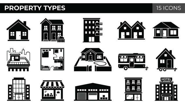 Property Types Icons Set: Houses, Apartments, Buildings, and More