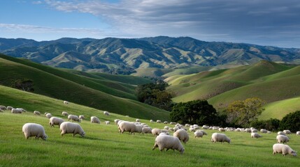 Fototapeta premium Rolling green hills stretch across the landscape, dotted with sheep grazing peacefully, creating a serene and picturesque rural scene