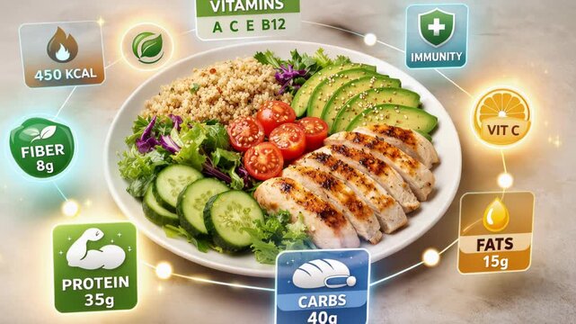 High-protein balanced meal bowl featuring grilled chicken, quinoa, avocado, mixed greens, cucumber and tomatoes, with overlaid nutrition icons for calories protein and vitamins