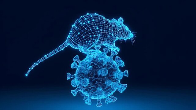 Blue wireframe rat on coronavirus cell representing medical testing and lab research