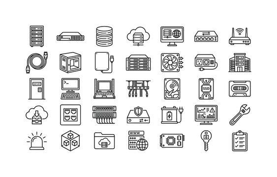 Server Data Center. Line icon set of data center server and hosting objects: server rack, blade server, database stack, cloud server, hosting monitor, network switch, router, ethernet cable, data