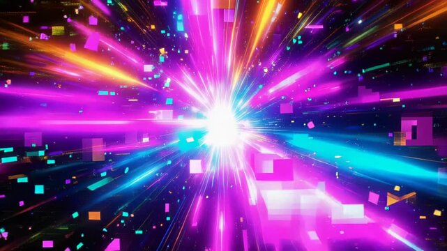 Vibrant neon hyperspace tunnel and light-speed burst with multicolored pixel streaks, glowing energy core and dynamic digital motion conveying futuristic data streams