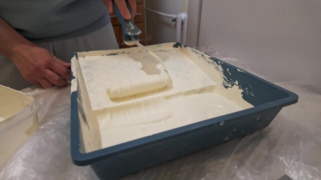 Paint roller loading with white paint in tray on protected table