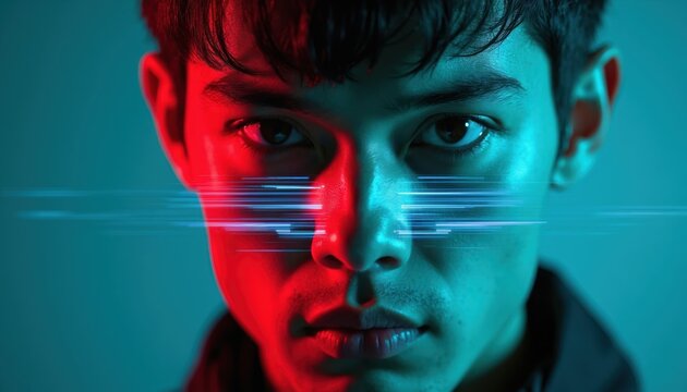 Man with red blue glitch effect on face. Futuristic portrait with digital distortion and neon glow. Cyberpunk style art for tech and data themes.
