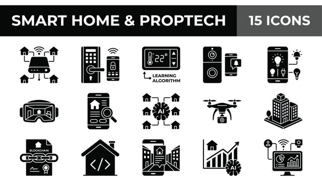 Smart Home and Proptech Icons Set: Technology, Automation, and Real Estate