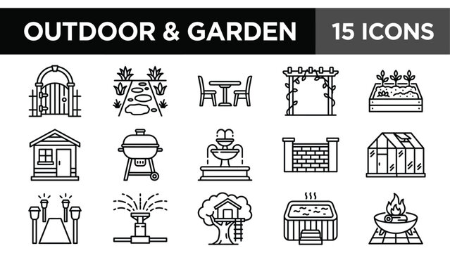 Outdoor and garden icon set, 15 line icons for landscaping and backyard design, modern exterior architecture symbols