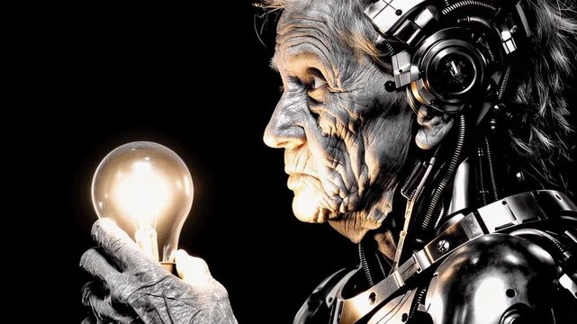 Portrait of an elderly cyborg holding a glowing light bulb against a dark background, highlighting deep facial wrinkles, metallic implants, and fusion of humanity with technology