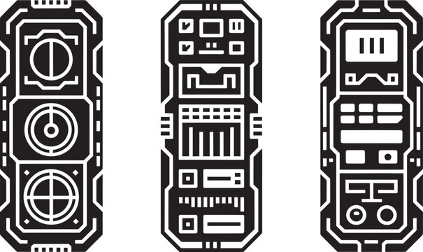 Sci-fi futuristic control panels and displays technical interfaces and display, board, and drawing and sci fi and modern technology in outline style
