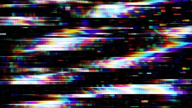 Colorful digital glitch with horizontal scanlines, chromatic distortion and static across a corrupted television signal, vibrant RGB streaks and pixelation