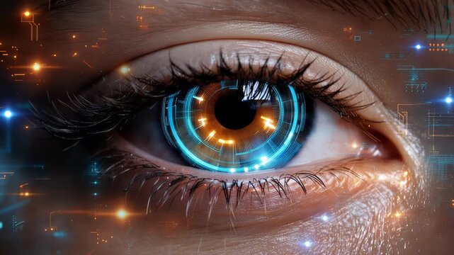 Close-up pair showing a natural human eye and a cybernetic augmented eye with glowing blue holographic data overlays, circuitry and illuminated iris detail