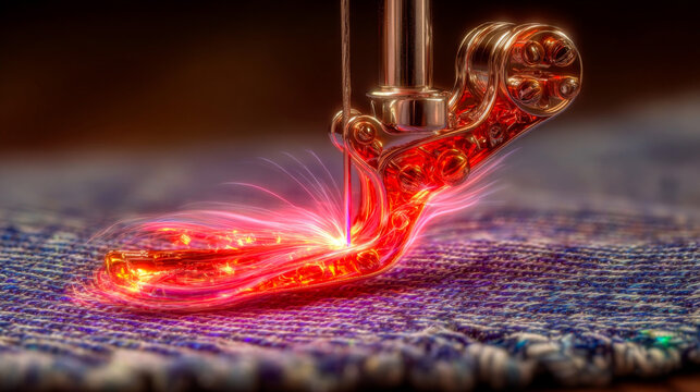 Smart textiles and innovative fashion technology sewing concept with a futuristic laser stitching needle, ideal for apparel tech ads, fashion-tech landing pages, or smart-wear promos