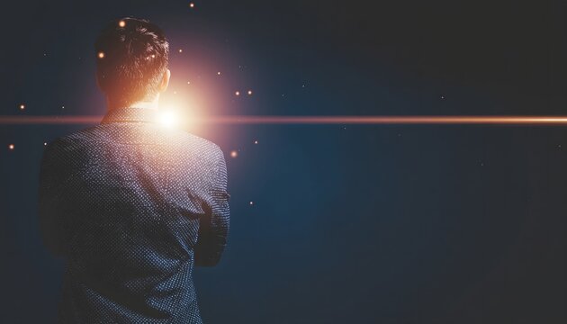 Business Professional Facing Emerging Light Representing Future Mindset and Leadership Growth Concept