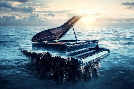 Artistic visualization of a grand piano harmonizing with coastal elements.
