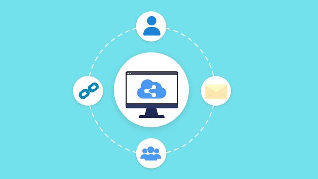 Animated cloud sharing computer illustration featuring connected user, link, communication, and community icons around a computer interface in a smooth looping technology scene.