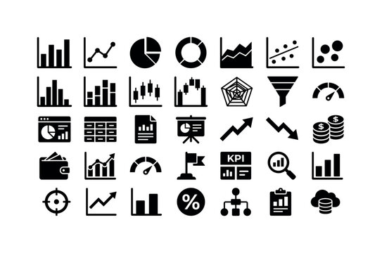 Business Chart Analytics. Solid glyph icon set of business chart analytics: bar chart, line graph, pie chart, donut chart, area chart, scatter plot, bubble chart, histogram, stacked bars, candlestick
