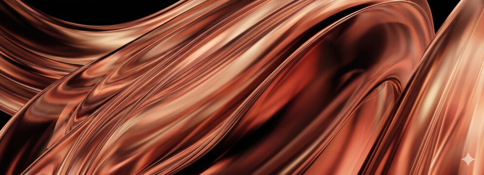 Elegant abstract flowing liquid copper and rose gold metallic waves isolated on a solid black background