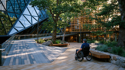 Wheelchair user navigating a beautifully designed ramped plaza with tactile paving, oak trees providing shade over smooth surfaces linking multiple building levels, ideal for architecture accessibil