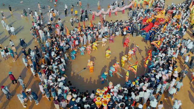Aerial view of Cheo Ba Trao ritual performance at Nghinh Ong Festival, Vietnam