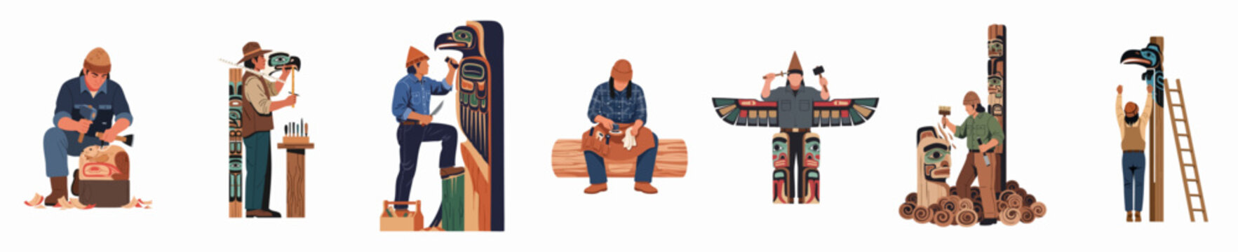 Illustration set of indigenous artisans carving, painting, and measuring traditional wooden totem poles featuring symbolic animal and human figures.