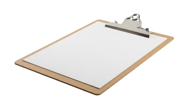 A simple wooden clipboard with a blank white paper sheet for notes and office work tasks and planning isolated on transparent background