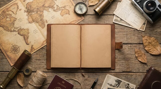 An open brown leather journal surrounded by travel essentials